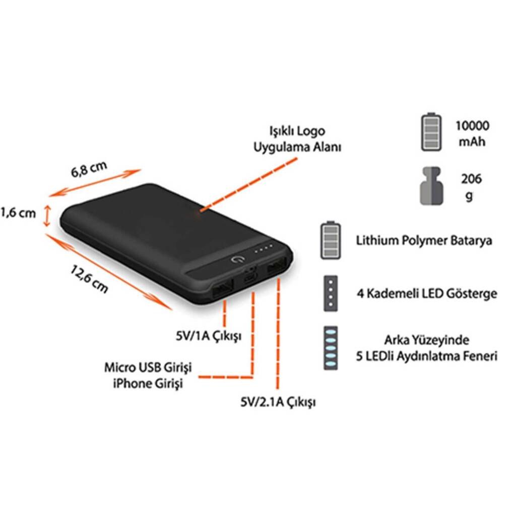 10.000 mAh Işıklı Led Logo 10.000 mAh Işıklı Led Logo